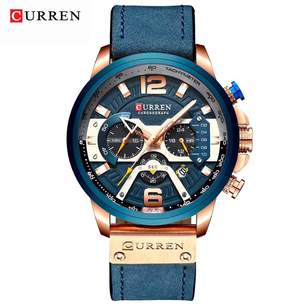 Reloj Curren 8329 Cronógrafo Militar para Hombre, Correa de Cuero, Acero Inoxidable